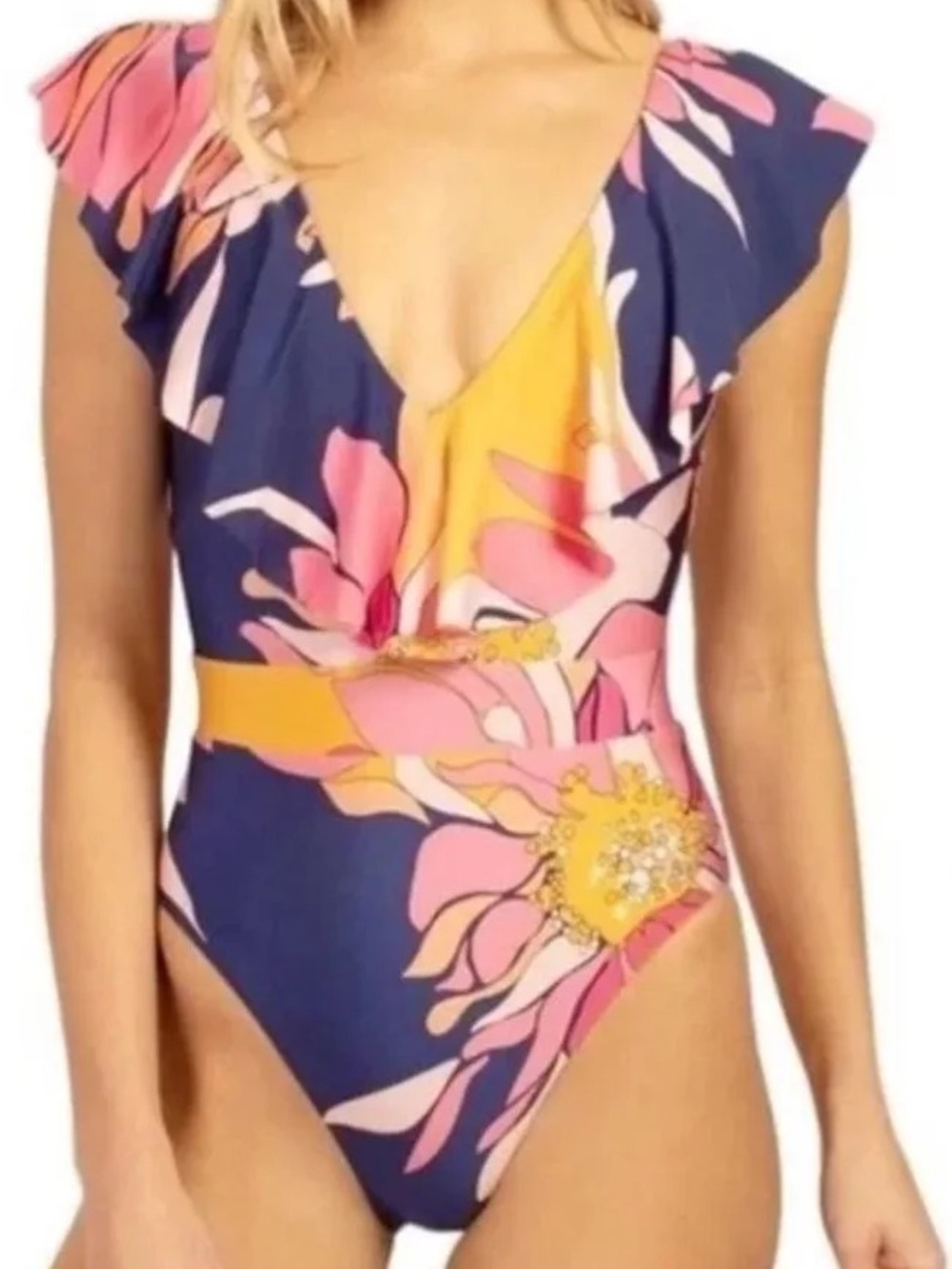 Trina Turk Breeze Ruffle Floral Plunge Swimsuit Navy Pink Yellow Size 10